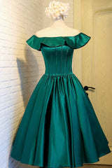 Party Dress Lace, Green Satin Short Homecoming Dress, Cute Off the Shoulder Knee Length Prom Dress