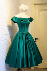 Party Dress Size 34, Green Satin Short Homecoming Dress, Cute Off the Shoulder Knee Length Prom Dress