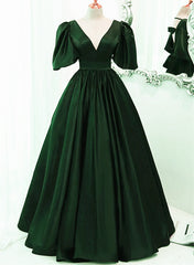 Black Prom Dress, Green Satin Short Sleeves Long Party Dress, Green Floor Length Evening Dress Prom Dress