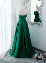 Party Dresses Vintage, Green Satin Simple Long Party Dress with Leg Slit, Green A-ine Junior Prom Dress