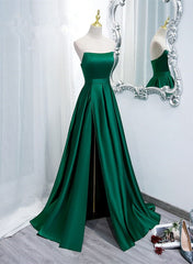Party Dress Spring, Green Satin Simple Long Party Dress with Leg Slit, Green A-ine Junior Prom Dress