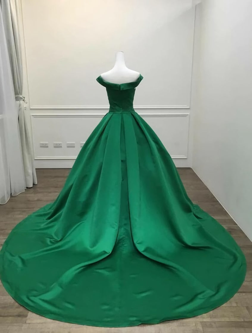 Silk Dress, Green Satin Sweetheart Ball Gown Party Dress, Green Off Shoulder Evening Dress Prom Dress