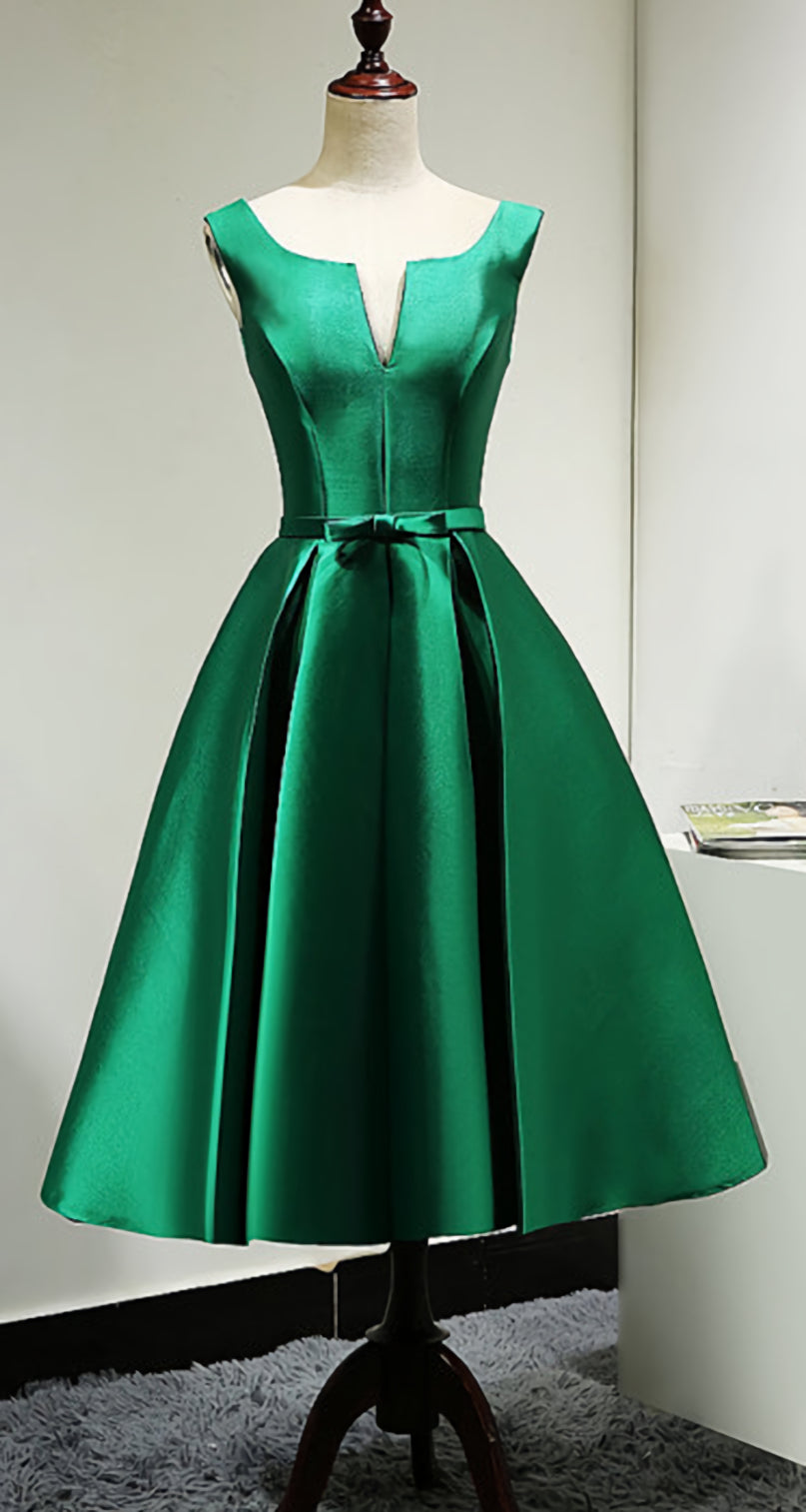 Simple Wedding Dress, Green Satin Tea Length Bridesmaid Dress, Lovely Green Homecoming Dress