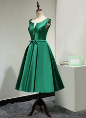 Bridesmaid Dresses Dusty Blue, Green Satin Tea Length Bridesmaid Dress, Lovely Green Homecoming Dress