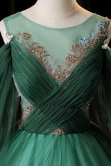 Prom Dress Sale, Green Scoop Neckline Tulle Formal Evening Dress, A-Line Long Sleeve Prom Dress