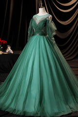 Prom Dresses Online, Green Scoop Neckline Tulle Formal Evening Dress, A-Line Long Sleeve Prom Dress