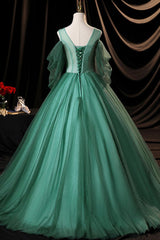 Prom Dresses For Teens, Green Scoop Neckline Tulle Formal Evening Dress, A-Line Long Sleeve Prom Dress