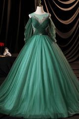 Prom Dresses Under 203, Green Scoop Neckline Tulle Formal Evening Dress, A-Line Long Sleeve Prom Dress