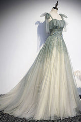 Prom Dress With Tulle, Green Shiny Tulle Long Formal Evening Dress, A-Line Graduation Dress