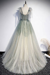 Prom Dresses Champagne, Green Shiny Tulle Long Formal Evening Dress, A-Line Graduation Dress