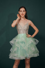 Cute Dress Outfit, Short A-Line V Neck Tiered Shiny Beads Crystal Homecoming Dresses