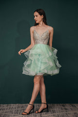 Evening Dress Long, Short A-Line V Neck Tiered Shiny Beads Crystal Homecoming Dresses