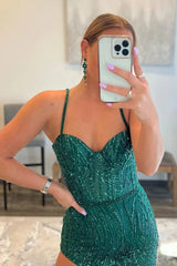 Green Spaghetti Straps Asymmetrical Prom Dress