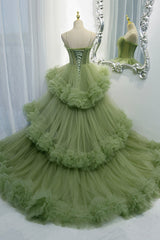 Bridesmaid Dresses Tulle, Green Spaghetti Straps Tulle Layers Long Formal Dress, Green Evening Party Dress