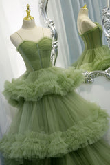Bridesmaid Dresses Gold, Green Spaghetti Straps Tulle Layers Long Formal Dress, Green Evening Party Dress