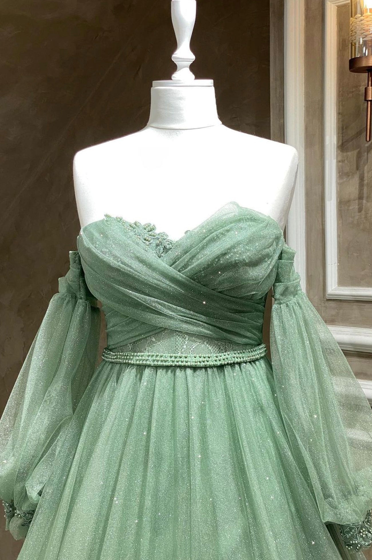 Party Dresses For Teens, Green Strapless Tulle Long Sleeve Prom Dress, Green A-Line Evening Party Dress