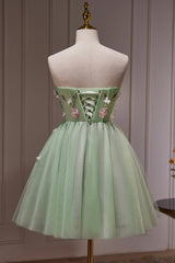 Prom Dresses 2023 Short, Green Strapless Tulle Short Prom Dress with Lace, Green Party Dress