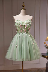 Prom Dresses 2024 Ball Gown, Green Strapless Tulle Short Prom Dress with Lace, Green Party Dress