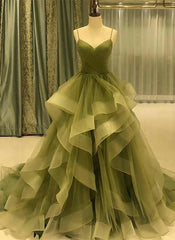 Party Dresses Design, Green Straps Sweetheart Tulle Long Evening Dress, Green Layers Tulle Prom Dress