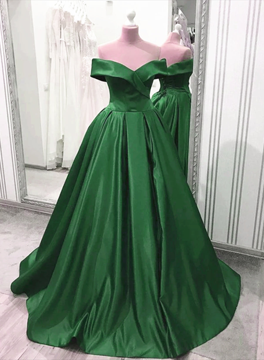 Ball Dress, Green Sweetheart A-line Satin Floor Length Prom Dress, Green Evening Dress