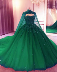 Party Dress Shops, Green Sweetheart Ball Gown Prom Dress With Cape