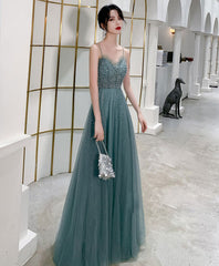 Homecoming Dresses For Middle School, Green Sweetheart Neck Tulle Sequin Long Prom Dress, Tulle Graduation Dress