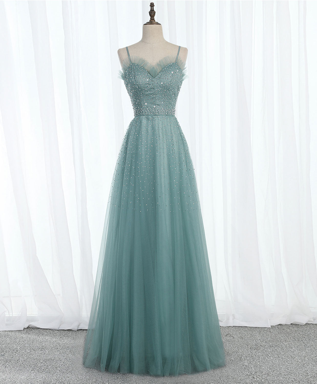 Homecoming Dresses 18 Year Old, Green Sweetheart Neck Tulle Sequin Long Prom Dress, Tulle Graduation Dress