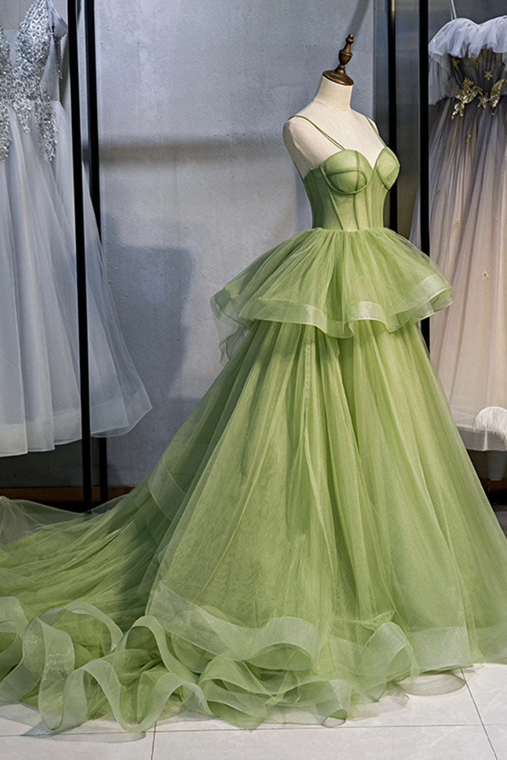 Bridesmaid Dress Orange, Green Sweetheart Tulle Long Prom Dress, A-Line Evening Graduation Dress