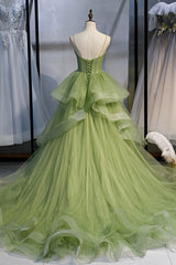 Bridesmaids Dresses Gold, Green Sweetheart Tulle Long Prom Dress, A-Line Evening Graduation Dress