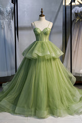 Bridesmaids Dresses White, Green Sweetheart Tulle Long Prom Dress, A-Line Evening Graduation Dress