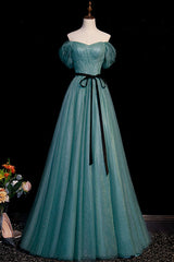 Party Dresses Cocktail, Green Tulle A-Line Off Shoulder Party Dress, Simple Long Prom Dress