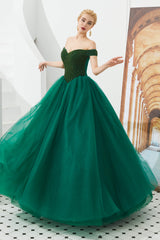 Prom Dress Cute, Tulle A line Off Shoulder Sweetheart Beaded Bodice Long Prom Dresses