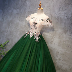 Prom Dresse 2023, Green Tulle Ball Gown with Lace Off Shoulder Sweet 16 Dress, Ball Gown Party Dress Formal Dress