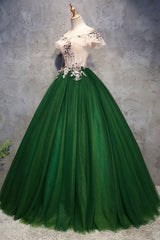 Prom Dress For Sale, Green Tulle Ball Gown with Lace Off Shoulder Sweet 16 Dress, Ball Gown Party Dress Formal Dress