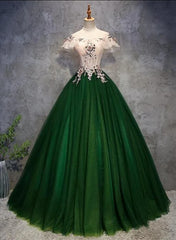 Prom Dresses2023, Green Tulle Ball Gown with Lace Off Shoulder Sweet 16 Dress, Ball Gown Party Dress Formal Dress