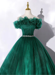 Party Dress Brands, Green Tulle Beaded Waist Ball Gown Sweet 16 Dress, Off Shoulder Green Prom Dress