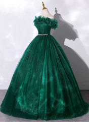 Party Dress Dress Code, Green Tulle Beaded Waist Ball Gown Sweet 16 Dress, Off Shoulder Green Prom Dress