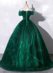 Party Dress Long, Green Tulle Beaded Waist Ball Gown Sweet 16 Dress, Off Shoulder Green Prom Dress