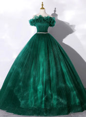 Party Dresses 2020, Green Tulle Beaded Waist Ball Gown Sweet 16 Dress, Off Shoulder Green Prom Dress