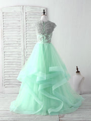 Prom Dress Off The Shoulder, Green Tulle Lace Applique Long Prom Dress Blue Tulle Sweet 16 Dress