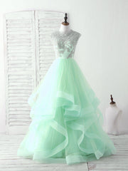 Prom Dresses Blue Long, Green Tulle Lace Applique Long Prom Dress Blue Tulle Sweet 16 Dress