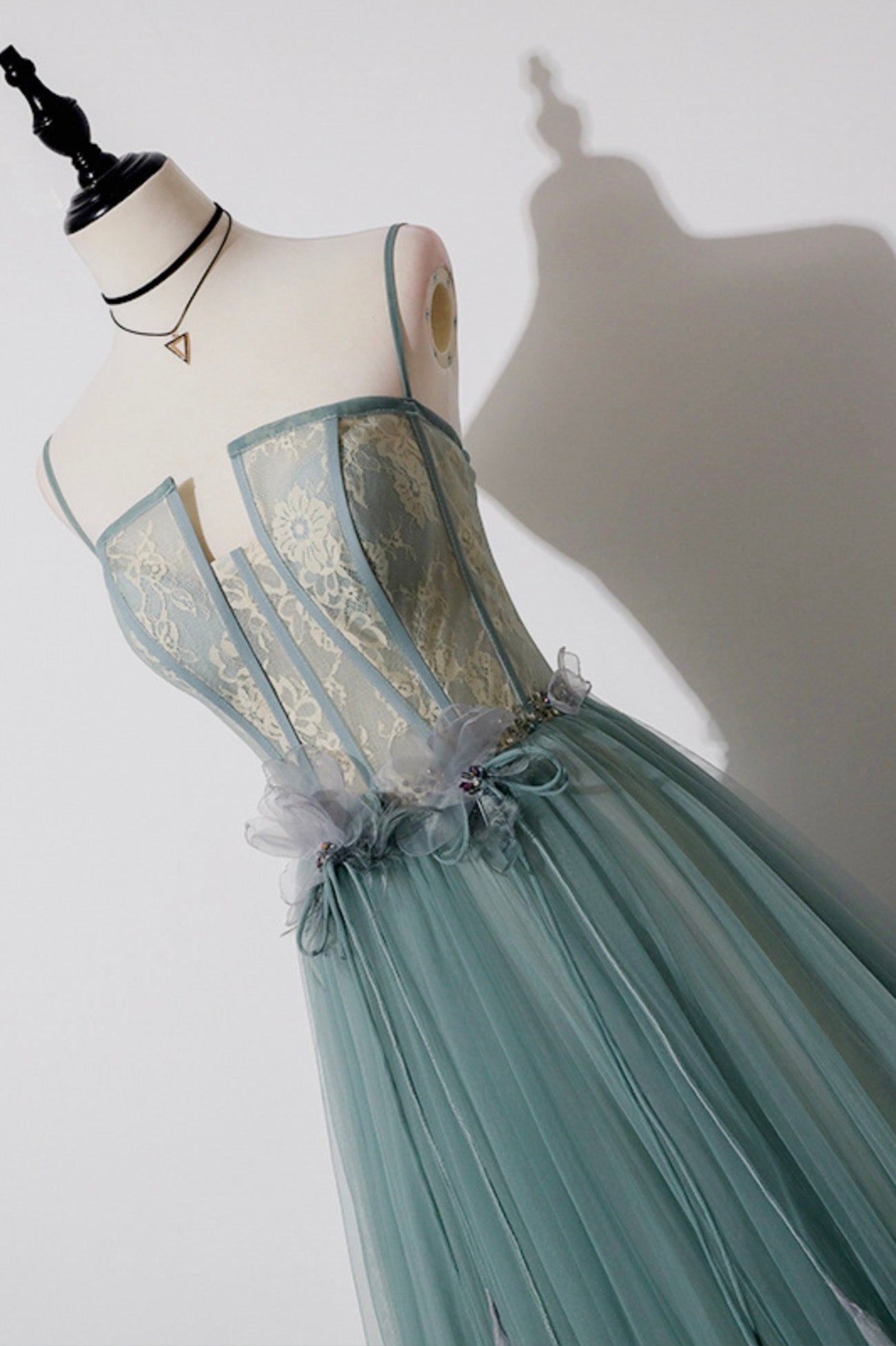 Prom Dress Ideas Unique, Green Tulle Lace Long A-Line Prom Dress, Spaghetti Strap Evening Dress