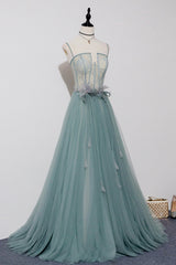 Prom Dresses Princess, Green Tulle Lace Long A-Line Prom Dress, Spaghetti Strap Evening Dress