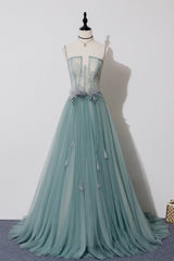 Prom Dress 2026, Green Tulle Lace Long A-Line Prom Dress, Spaghetti Strap Evening Dress