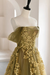 Homecomeing Dresses Short, Green Tulle Lace Long Prom Dress, A-Line Off the Shoulder Evening Dress
