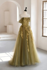 Homecoming Dress Shorts, Green Tulle Lace Long Prom Dress, A-Line Off the Shoulder Evening Dress