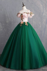 Bridesmaids Dresses Colorful, Green Tulle Lace Long Prom Dress, Cute Off Shoulder Evening Dress Party Dress