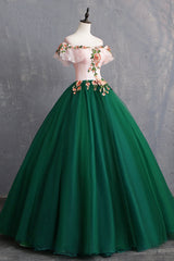 Bridesmaid Dresses Colors, Green Tulle Lace Long Prom Dress, Cute Off Shoulder Evening Dress Party Dress