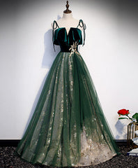 Homecoming Dress Elegant, Green Tulle Lace Long Prom Dress Green Tulle Lace Formal Dress