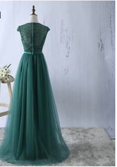 Party Dresses Vintage, Green tulle lace top round neck long evening dresses ,simple formal dress